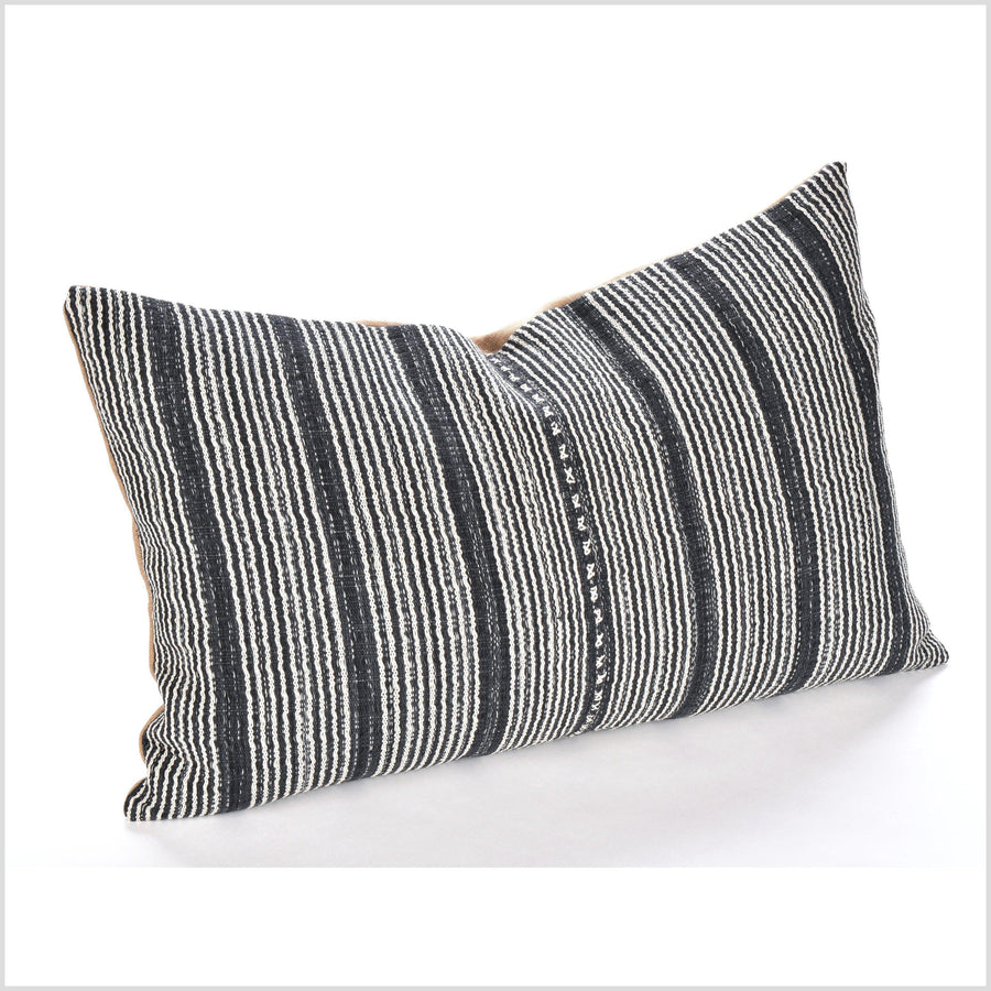 Gray, off-white stripe, natural organic dye cushion, tribal ethnic pillow, Hmong hill tribe 22 inches, handwoven cotton, PP97
