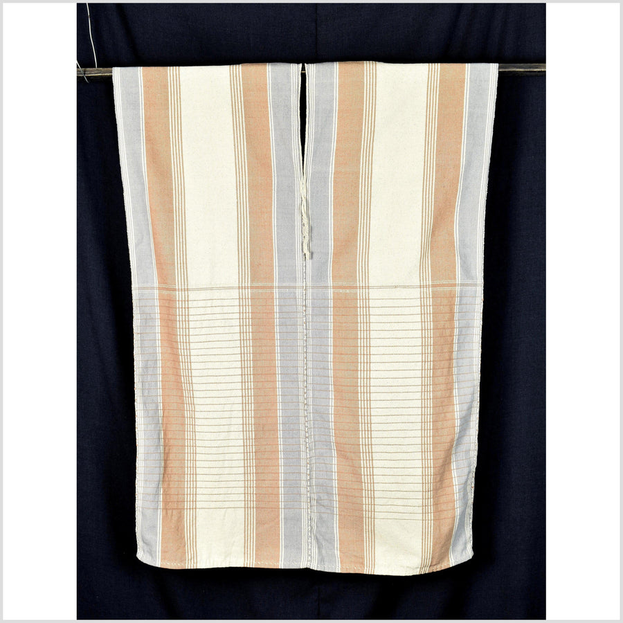 Gray rust blush warm off-white, handwoven tribal textile, Hmong textured striped cotton runner fabric, Thai neutral tunic, ethnic decor RN26