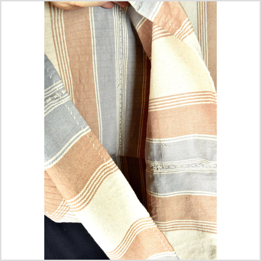 Gray rust blush warm off-white, handwoven tribal textile, Hmong textured striped cotton runner fabric, Thai neutral tunic, ethnic decor RN26