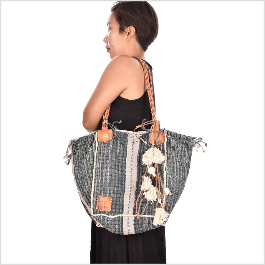 Gray striped cotton handbag, ethnic boho style, natural dye soft cotton, leather handles, tribal hand stitching BG17