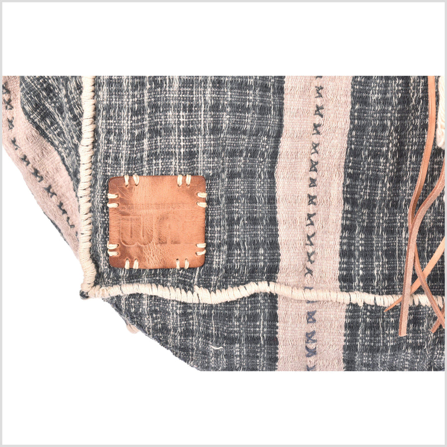 Gray striped cotton handbag, ethnic boho style, natural dye soft cotton, leather handles, tribal hand stitching BG17