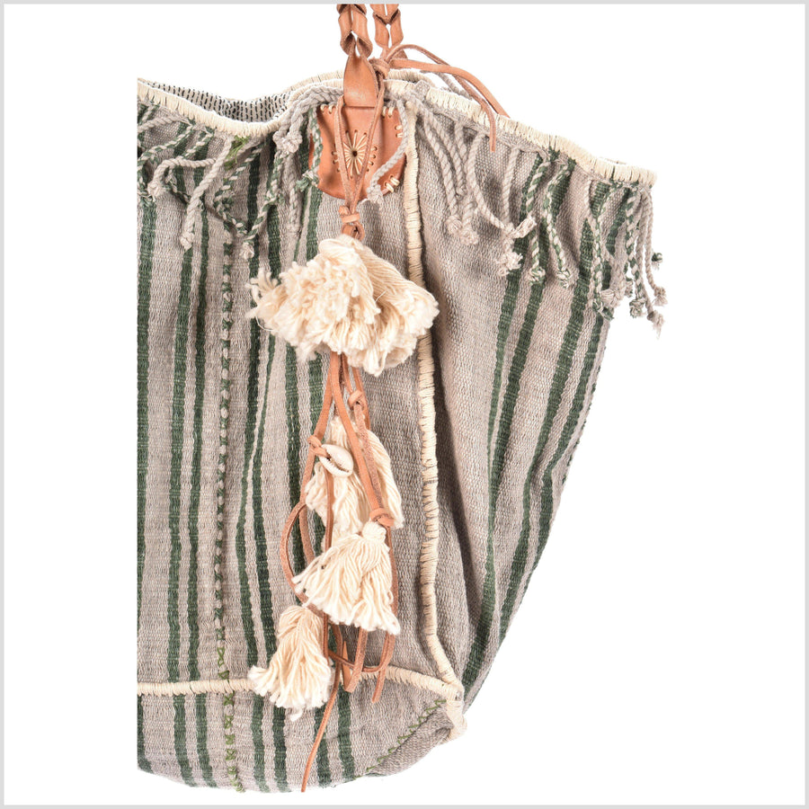 Gray striped cotton handbag, ethnic boho style, natural dye soft cotton, leather handles, tribal hand stitching BG24