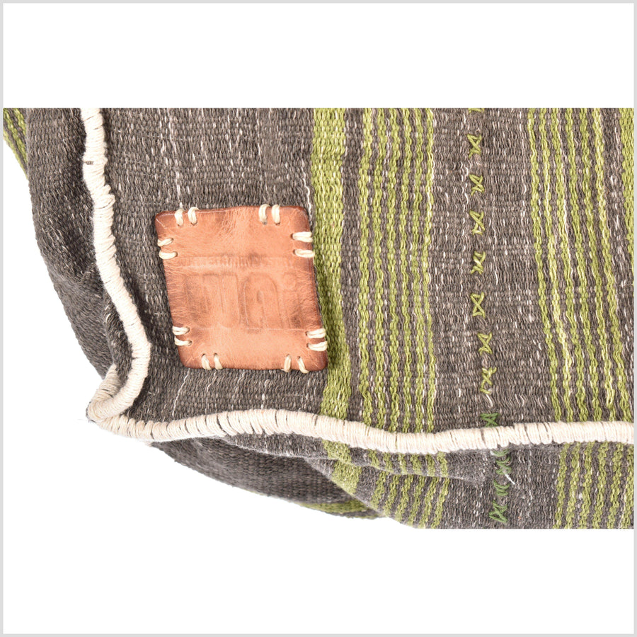 Gray striped cotton handbag, ethnic boho style, natural dye soft cotton, leather handles, tribal hand stitching BG27