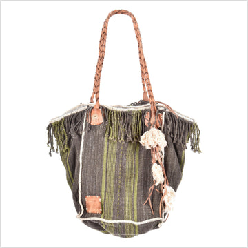 Gray striped cotton handbag, ethnic boho style, natural dye soft cotton, leather handles, tribal hand stitching BG27