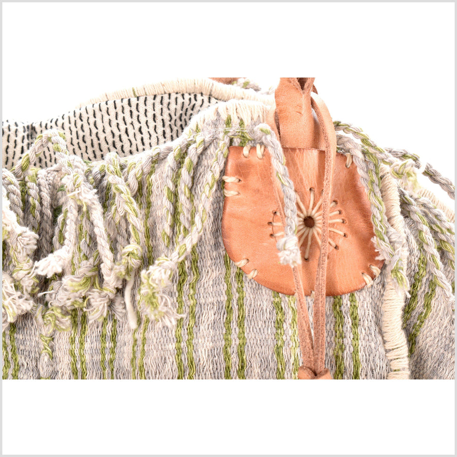 Gray striped summer handbag, ethnic boho style, natural dye soft cotton, leather handles, tribal hand stitching BG11