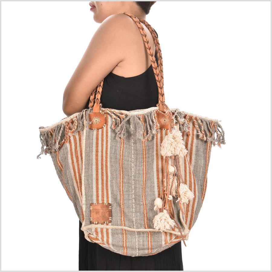 Gray striped summer handbag, ethnic boho style, natural dye soft cotton, leather handles, tribal hand stitching BG12