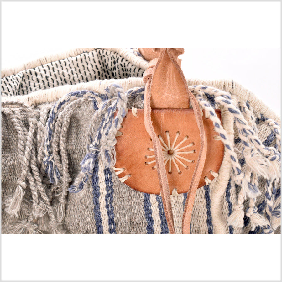 Gray striped summer handbag, ethnic boho style, natural dye soft cotton, leather handles, tribal hand stitching BG2