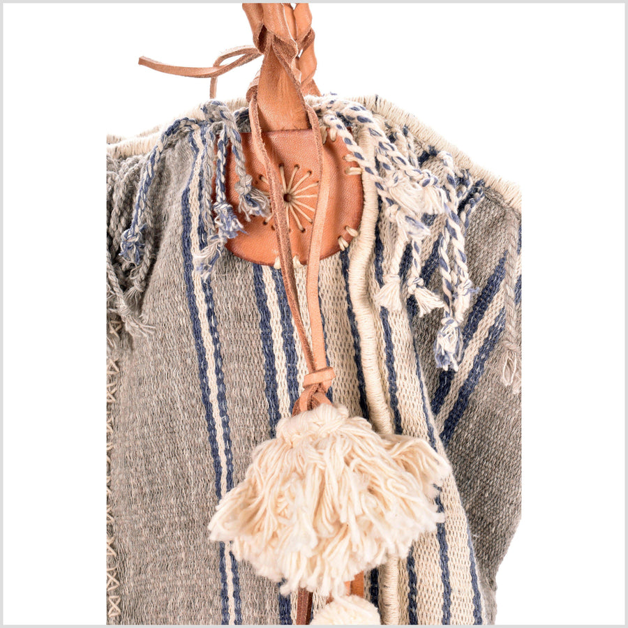 Gray striped summer handbag, ethnic boho style, natural dye soft cotton, leather handles, tribal hand stitching BG2