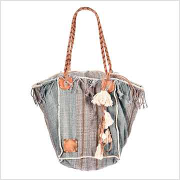 Gray striped summer handbag, ethnic boho style, natural dye soft cotton, leather handles, tribal hand stitching BG5