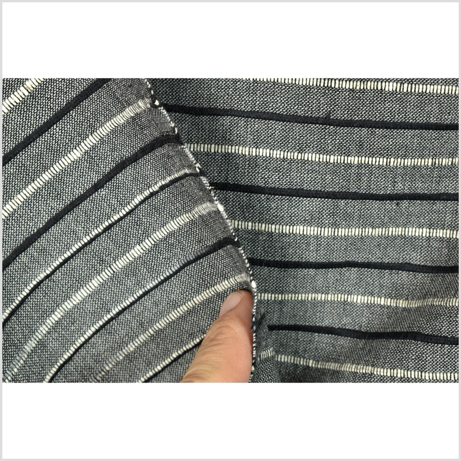 Gray, warm off-white, black, stripe cotton fabric, handwoven, natural color, minimalist Thailand sewing craft, great draping, by the yard PHA305