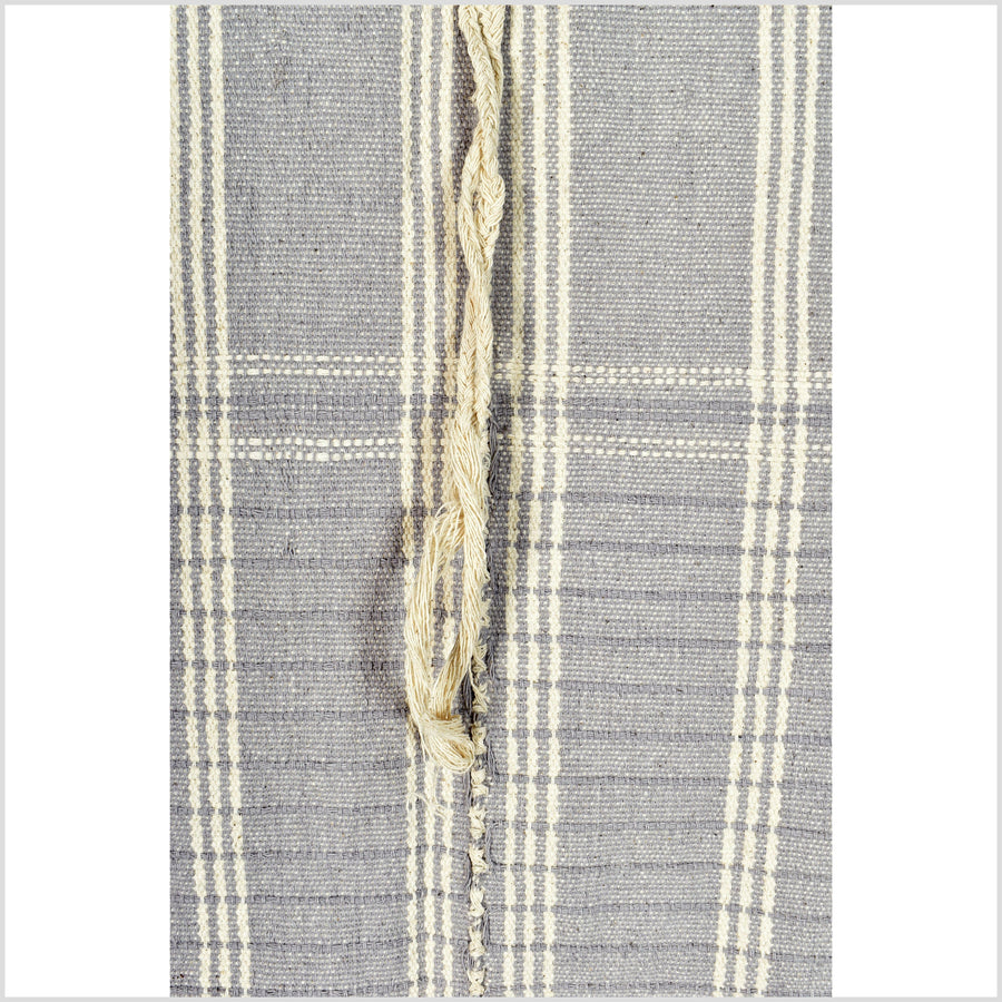 Gray warm off-white handwoven tribal textile runner, Karen Hmong textured striped cotton fabric, Thai bohemian neutral tunic, ethnic decor RN25