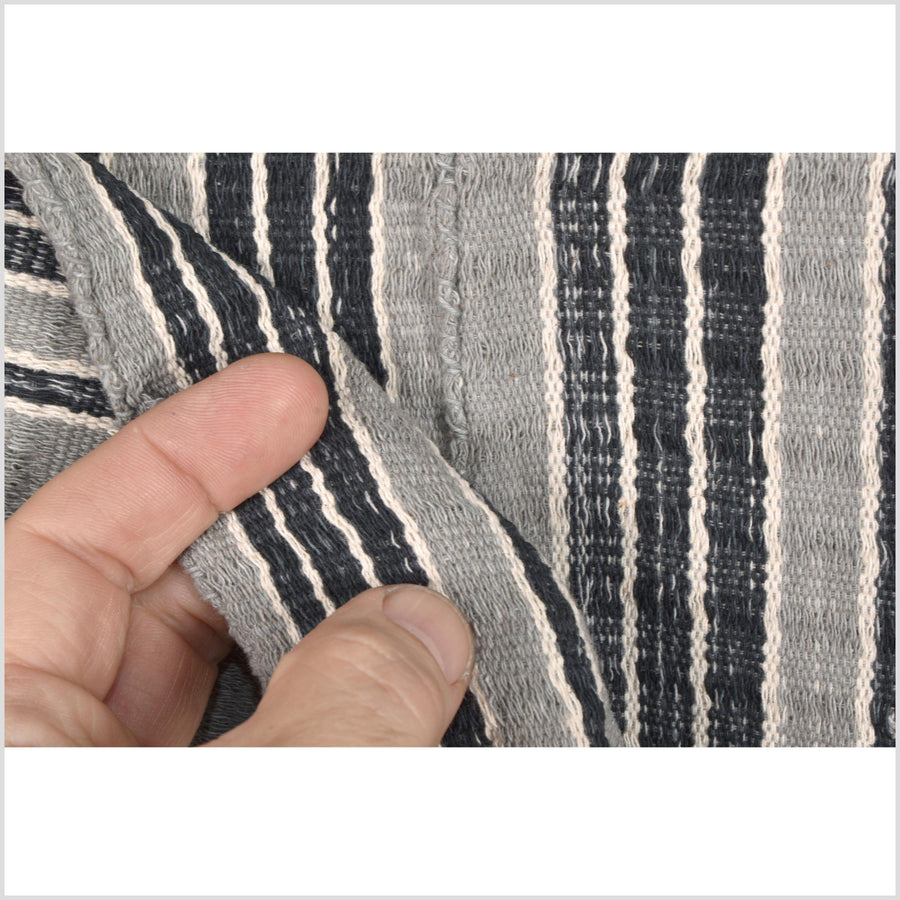 Gray, white stripe, natural organic dye cotton, handwoven tribal textile, Karen Hmong fabric, Thai bohemian throw MQ30
