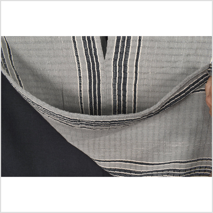 Gray, white stripe, natural organic dye cotton, handwoven tribal textile, Karen Hmong fabric, Thai bohemian throw MQ30