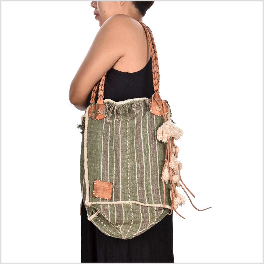 Green striped cotton handbag, ethnic boho style, natural dye soft cotton, leather handles, tribal hand stitching BG29
