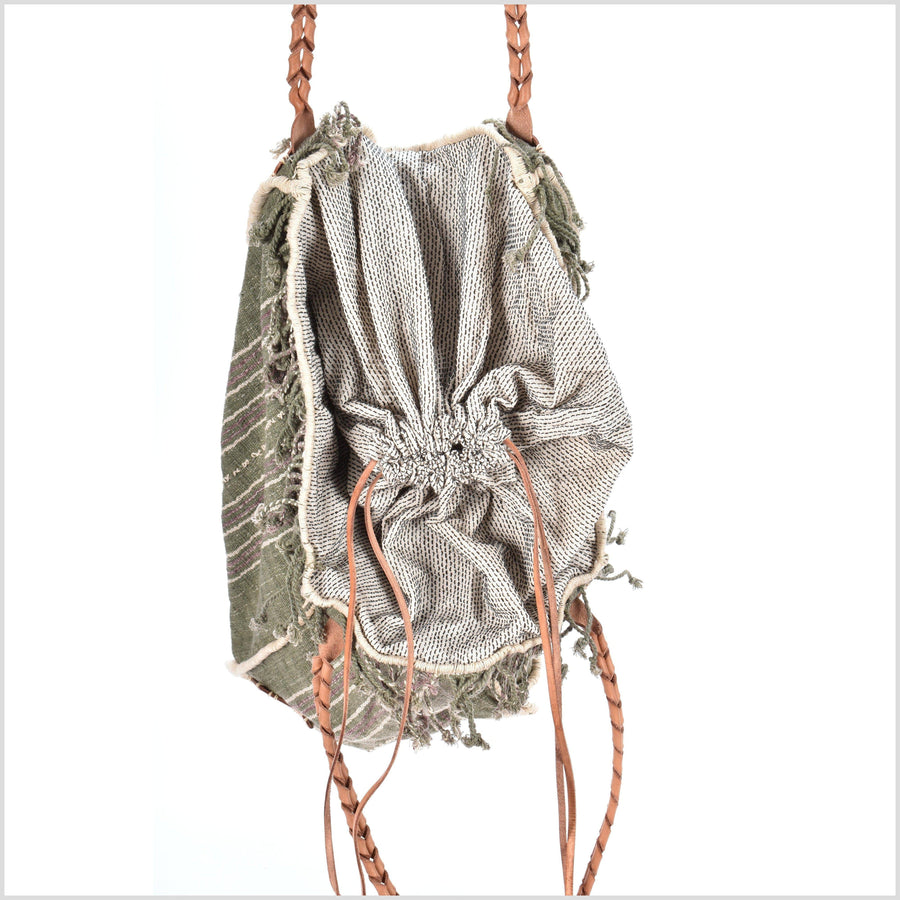 Green striped cotton handbag, ethnic boho style, natural dye soft cotton, leather handles, tribal hand stitching BG29