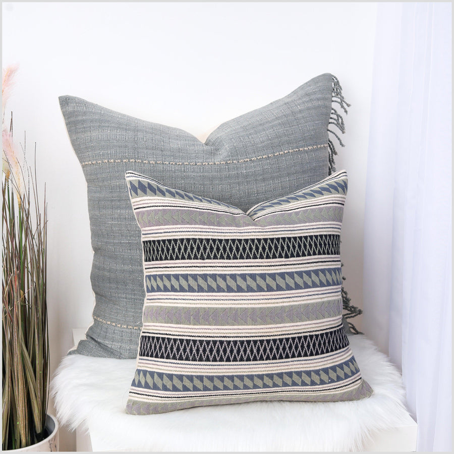 Hand embroidery tribal ethnic Akha pillow, traditional textile design cushion, fair trade black, gray, cream, boho style pillowcase YY39