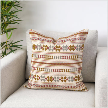 Hand embroidery tribal ethnic Akha pillow, traditional textile design square cushion, fair trade gray, cream, wine, khaki color YY50