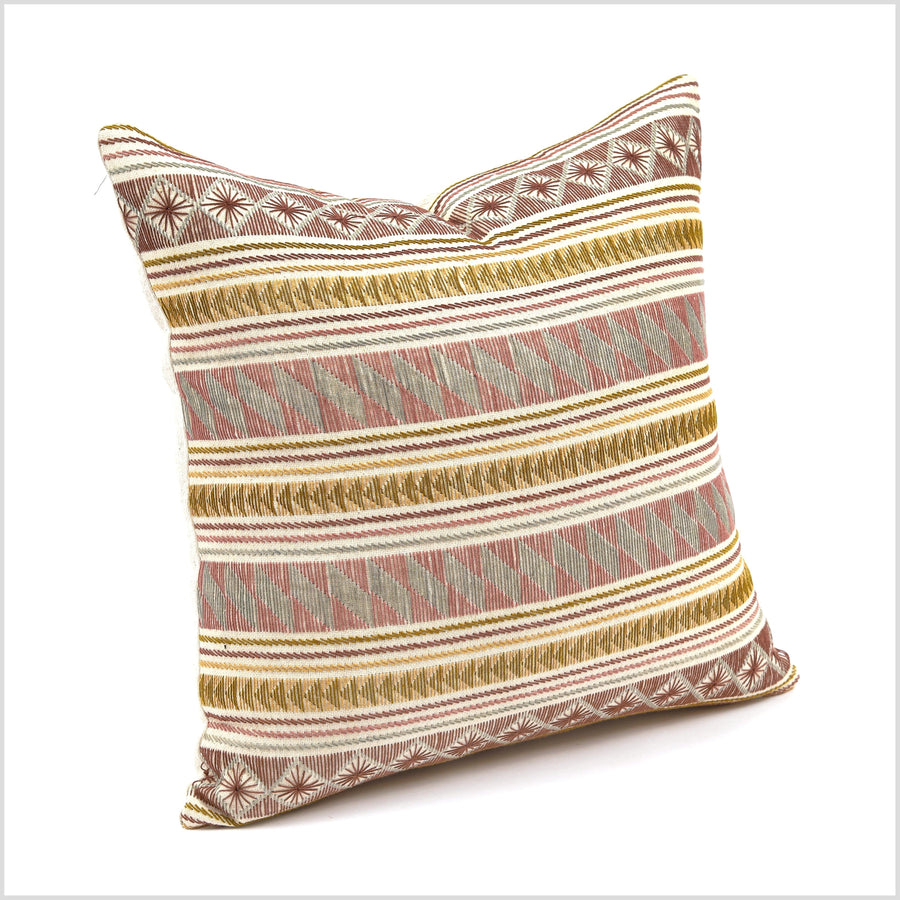 Hand embroidery tribal ethnic Akha pillow, traditional textile design square cushion, fair trade red, cream, wine, khaki, gold color YY49