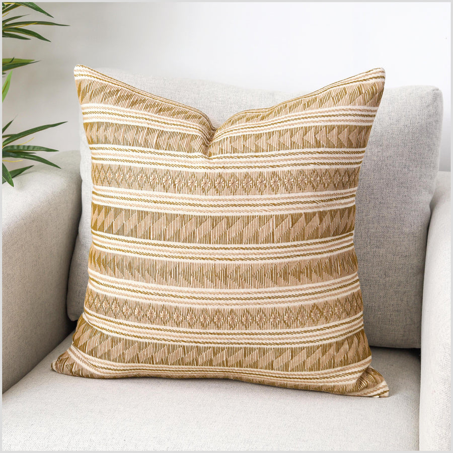 Hand embroidery tribal ethnic Akha pillow, traditional textile design square cushion, fair trade tan, cream, beige, khaki, olive color YY52