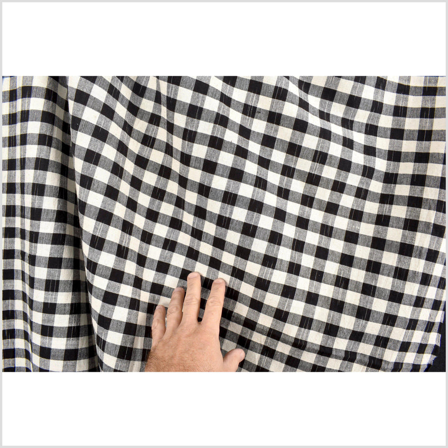 Handwoven Gingham Fabric, organic dye, 100% cotton warm off-white black checkered, medium-weight, Thailand craft fabric sold by yard PHA86