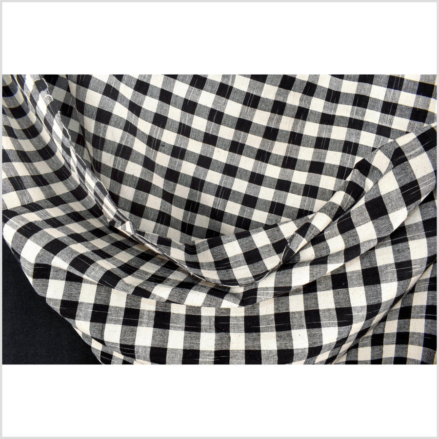 Handwoven Gingham Fabric, organic dye, 100% cotton warm off-white black checkered, medium-weight, Thailand craft fabric sold by yard PHA86