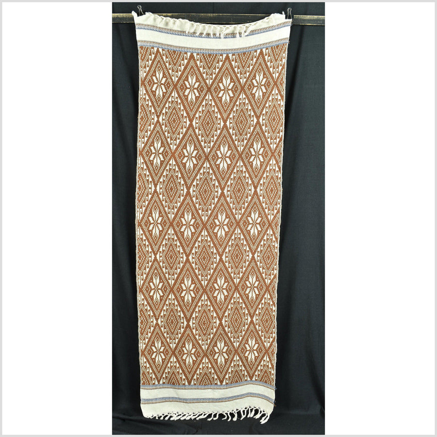 Handwoven brown white cotton tribal textile table runner Laos boho tapestry ethnic home decor tribal cotton bed throw Hmong fabric Asia QQ1