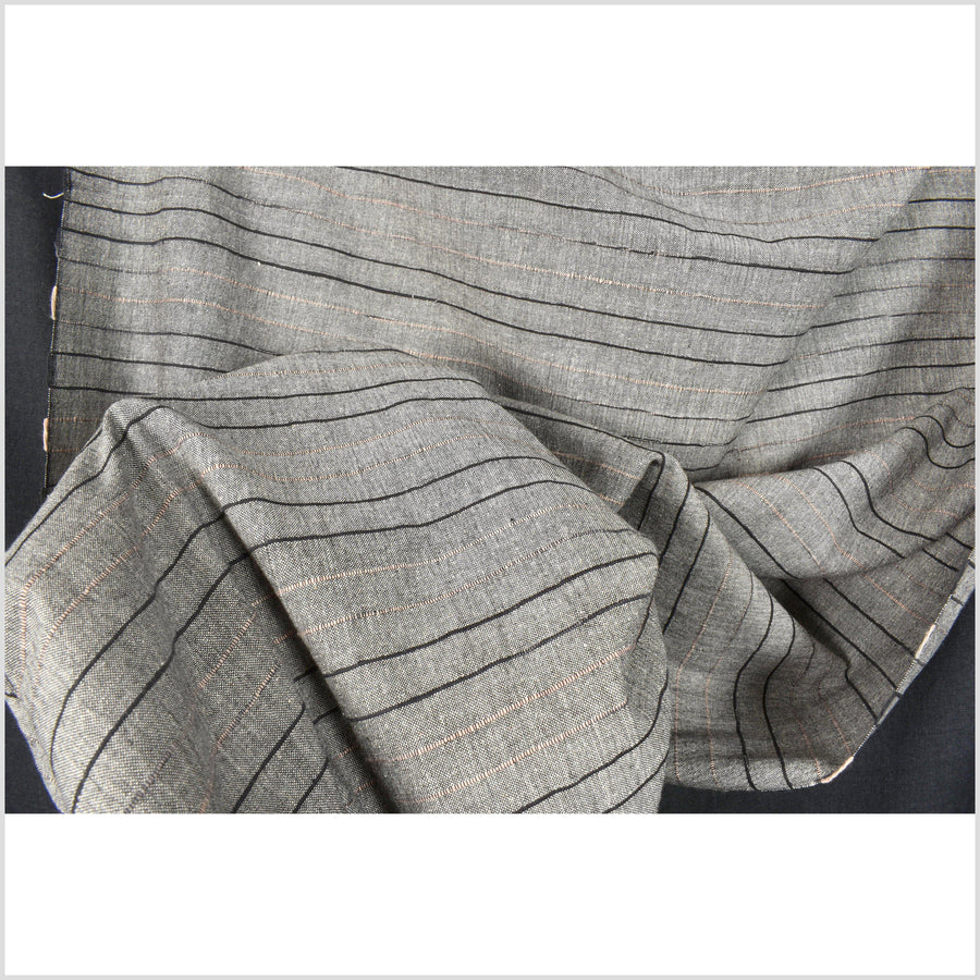 Handwoven cotton fabric, gray with black and pale pink striping. Natural organic dye, 100% cotton material, medium-weight, per yard PHA201
