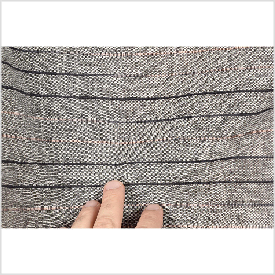 Handwoven cotton fabric, gray with black and pale pink striping. Natural organic dye, 100% cotton material, medium-weight, per yard PHA201