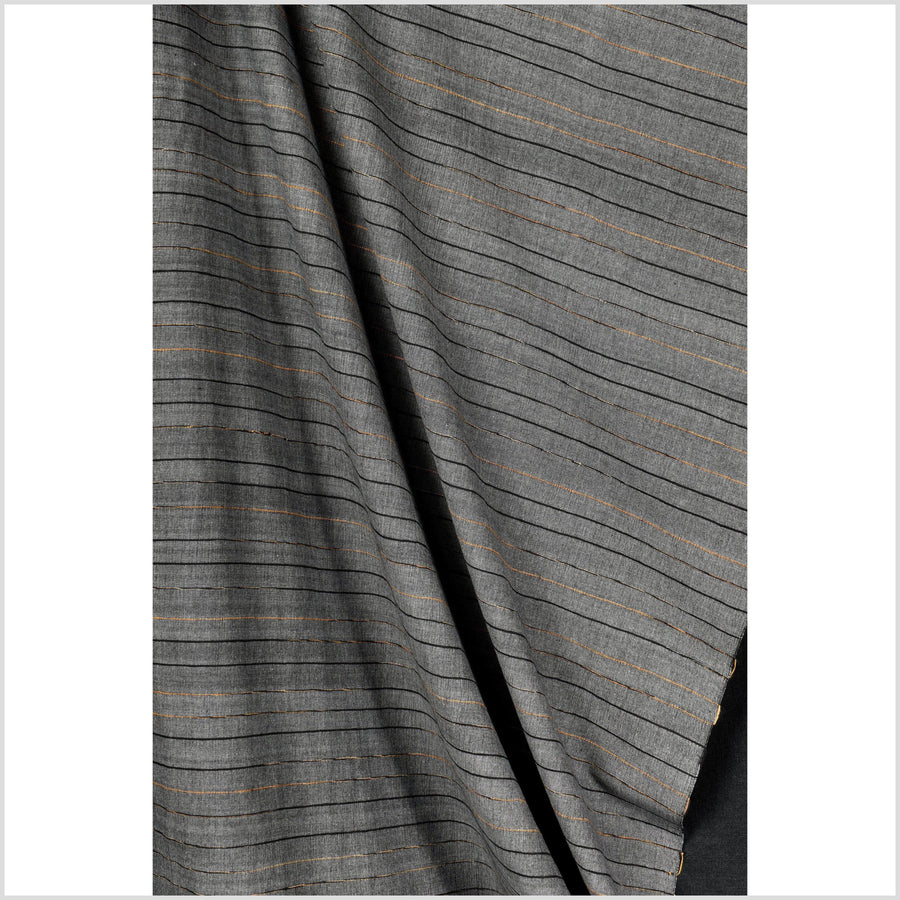 Handwoven cotton fabric, gray with black and saffron striping. Natural organic dye, 100% cotton material, medium-weight, per yard PHA138