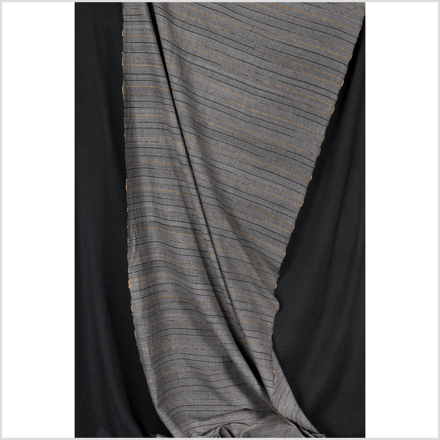 Handwoven cotton fabric, gray with black and saffron striping. Natural organic dye, 100% cotton material, medium-weight, per yard PHA138