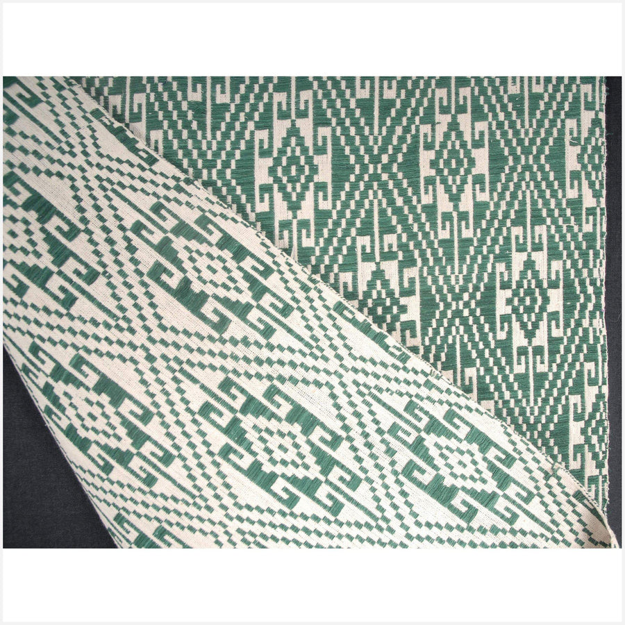 Handwoven green white cotton tribal textile table runner Laos boho tapestry ethnic home decor tribal cotton bed throw Hmong fabric 9 ET74