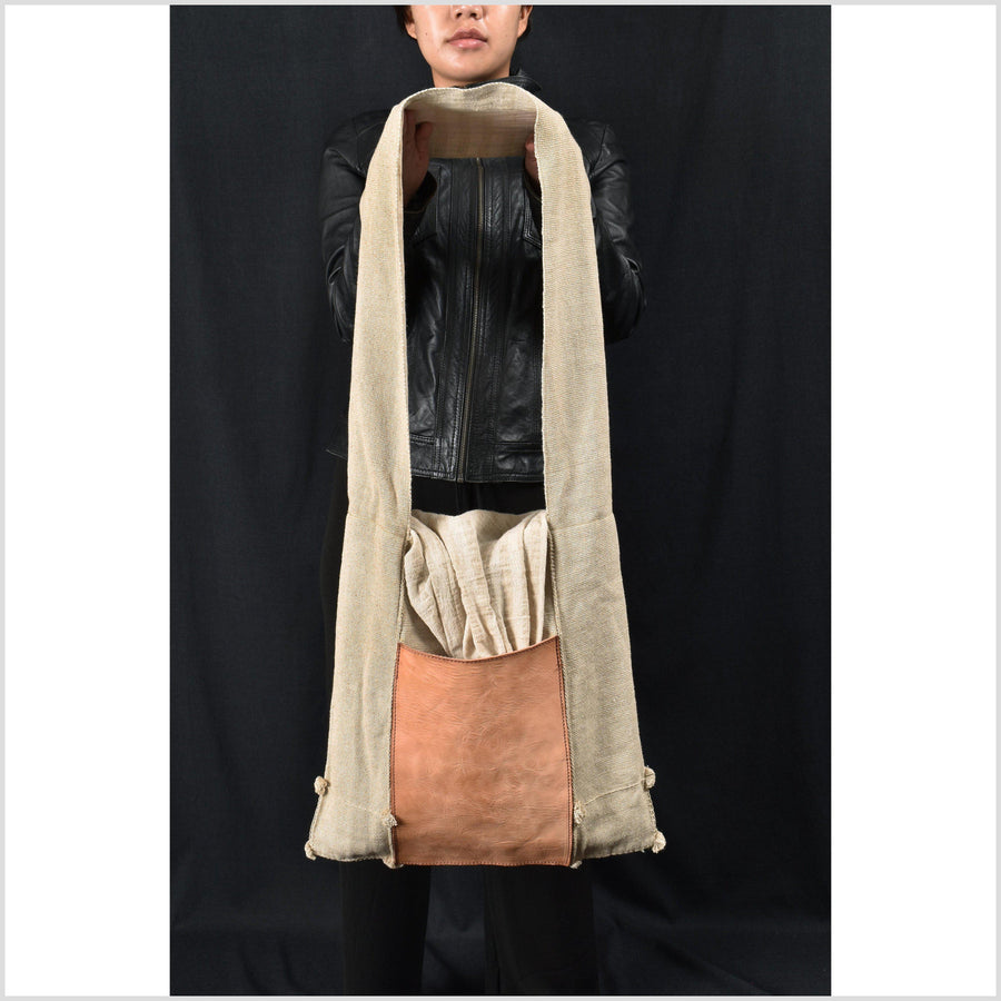 Handwoven hemp shoulder bag, neutral beige men's women's crossbody tote, natural hand sewn tribal purse Kind Hum.
