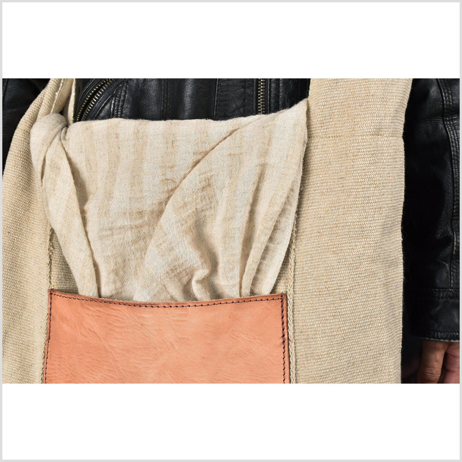 Handwoven hemp shoulder bag, neutral beige men's women's crossbody tote, natural hand sewn tribal purse Kind Hum.