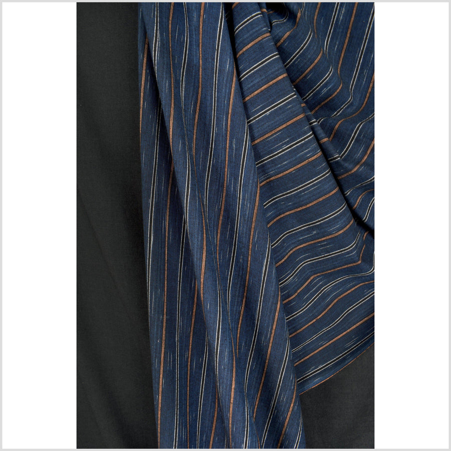 Handwoven indigo blue cotton fabric, black, brown, and white stripes, riveting color scheme, medium weight, elegant PHA147