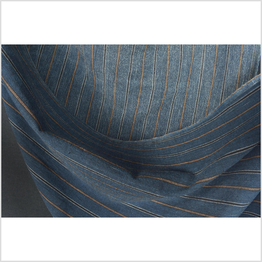 Handwoven indigo blue cotton fabric, stone-washed black, brown, and white stripes, natural organic color, medium weight, elegant PHA300