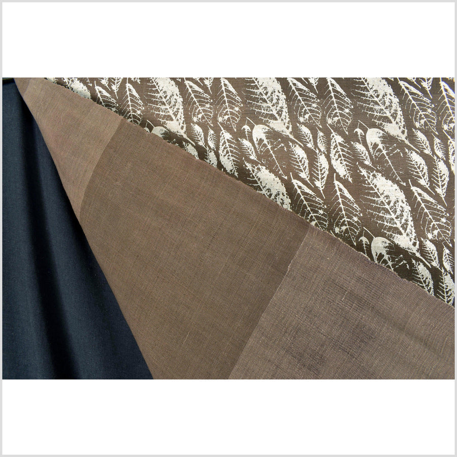 Handwoven natural dye 100% cotton muted dark mocha earth tone fabric, cream leaf print, block print, medium weight, per yard PHA283