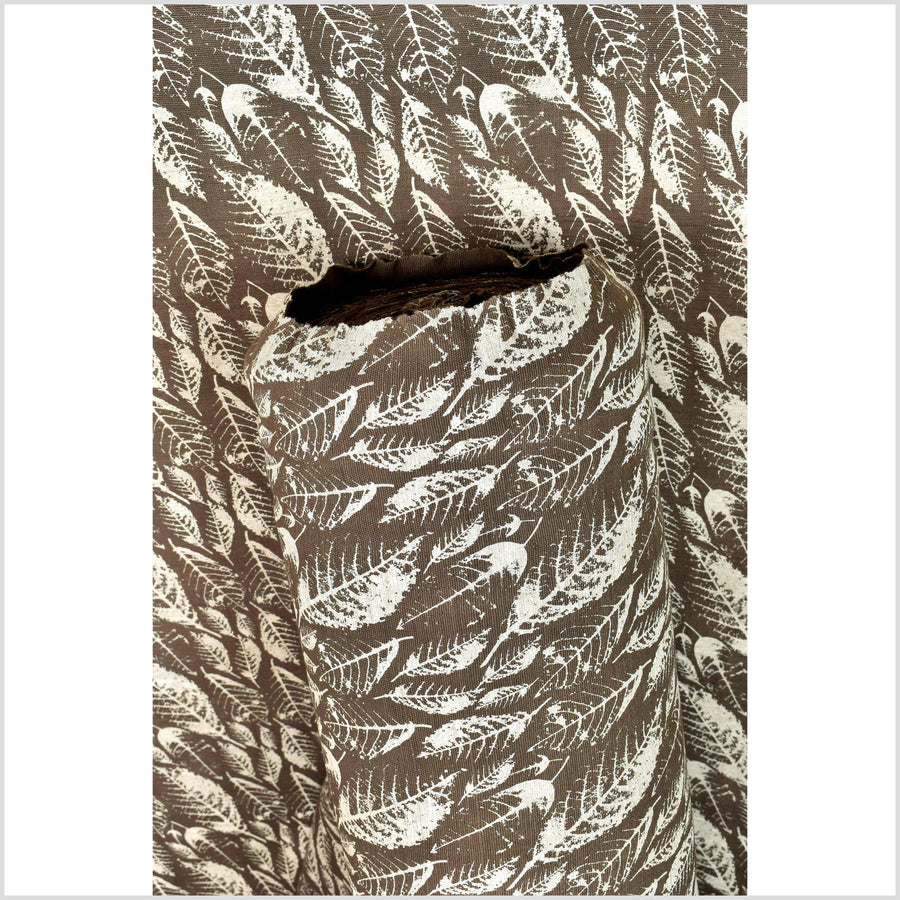 Handwoven natural dye 100% cotton muted dark mocha earth tone fabric, cream leaf print, block print, medium weight, per yard PHA283