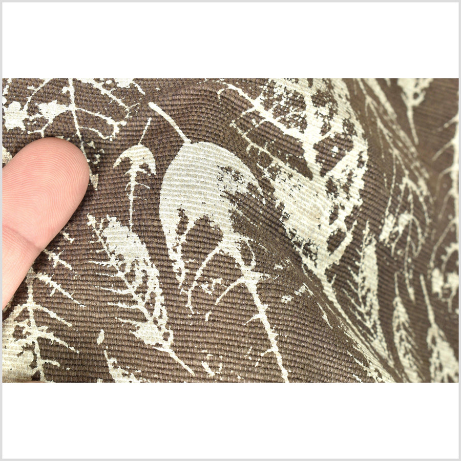 Handwoven natural dye 100% cotton muted dark mocha earth tone fabric, cream leaf print, block print, medium weight, per yard PHA283