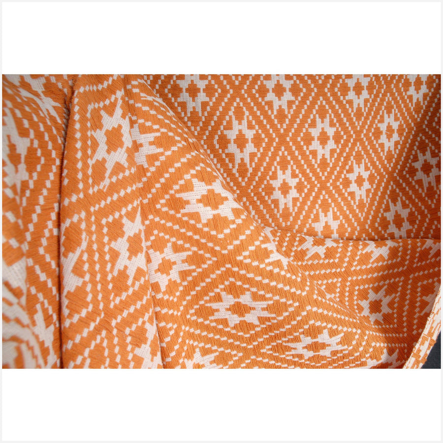 Handwoven orange white cotton tribal textile table runner Laos boho tapestry ethnic home decor tribal Hmong fabric throw footer Asia 9 ET82