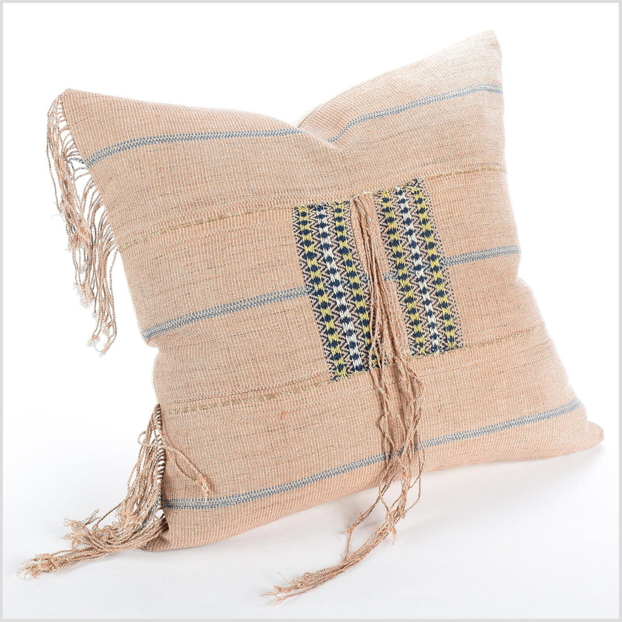 Handwoven tribal 19 in. square cushion, ethnic hill tribe cotton pillowcase, natural vegetable dye color, neutral rust brown gray, hand sewing QQ23