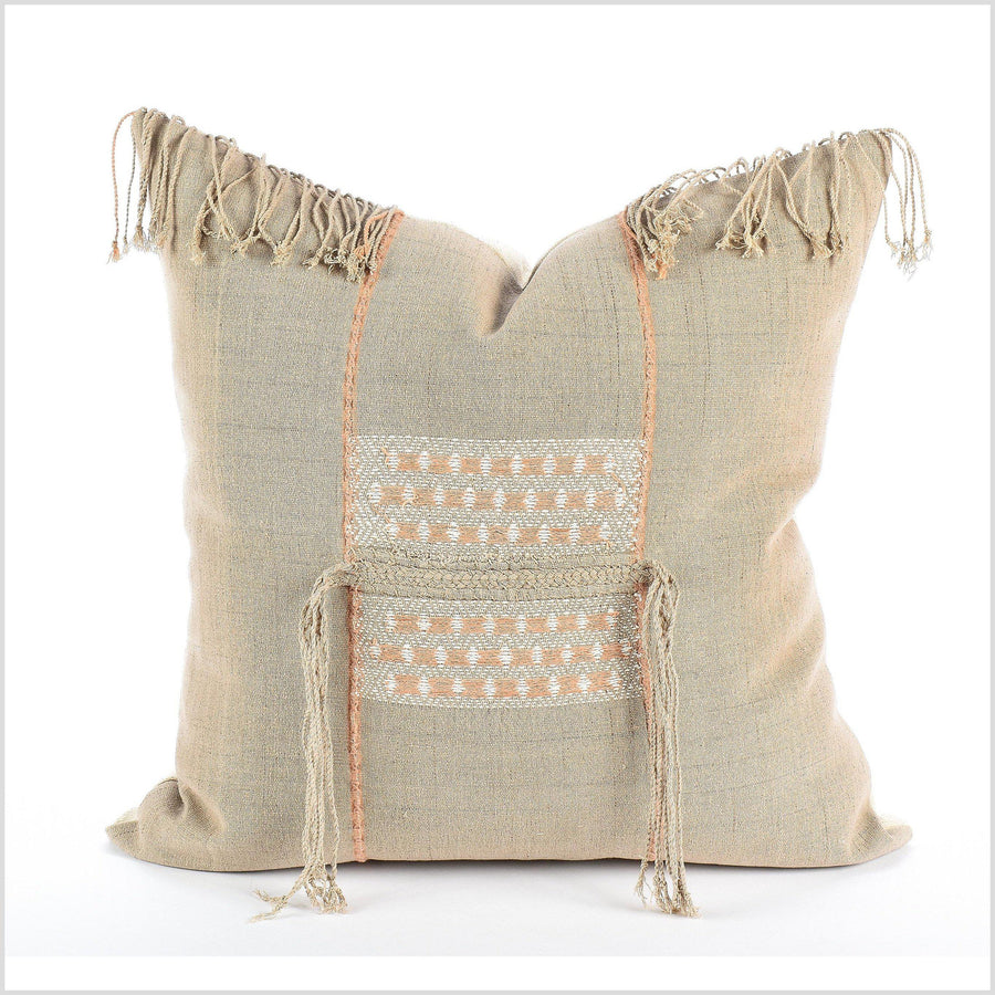 Handwoven tribal 20 in. square cushion, ethnic hill tribe cotton pillowcase, natural vegetable dye color, beige brown white, hand sewing QQ21