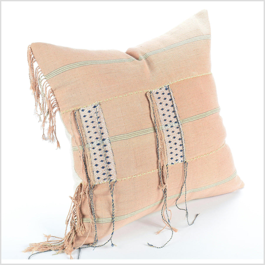 Handwoven tribal 20 in. square cushion, ethnic hill tribe cotton pillowcase, natural vegetable dye color, pale peach, hand sewing QQ52