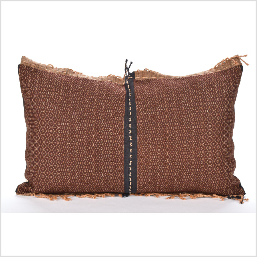 Hemp lumbar pillow, neutral brown organic dye cushion, tribal ethnic tassel pillowcase, Hmong Chin hilltribe 22 inches, handwoven cotton, PP91