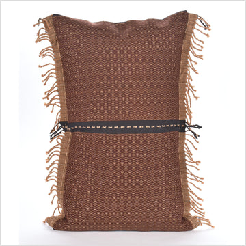 Hemp lumbar pillow, neutral brown organic dye cushion, tribal ethnic tassel pillowcase, Hmong Chin hilltribe 22 inches, handwoven cotton, PP91