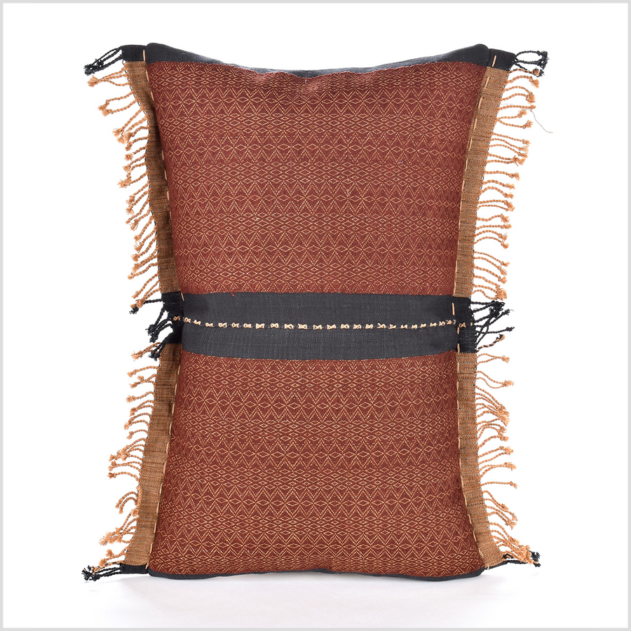 Hmong Chin hilltribe 22 inch cover, handwoven cotton, hemp lumbar pillow, neutral rust-red, gold indigo organic dye cushion, tribal ethnic tassel pillowcase, PP95