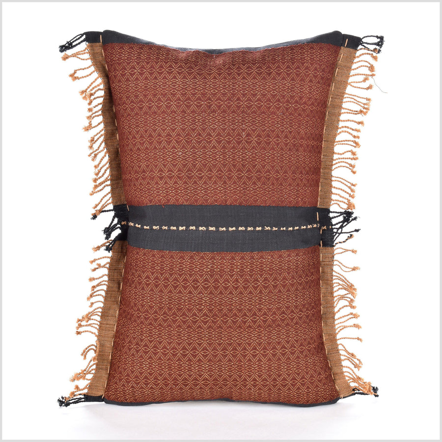 Hmong Chin hilltribe 22 inch cover, handwoven cotton, hemp lumbar pillow, neutral rust-red, gold indigo organic dye cushion, tribal ethnic tassel pillowcase, PP95
