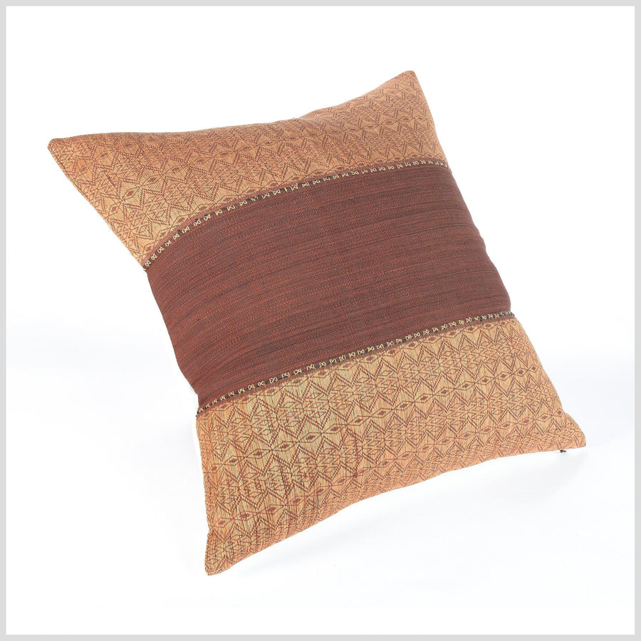 Hmong Chin tribal 19 in. cushion, handwoven hemp cotton, rusty reddish brown and gold, abstract natural organic dye, hand sewing QQ40