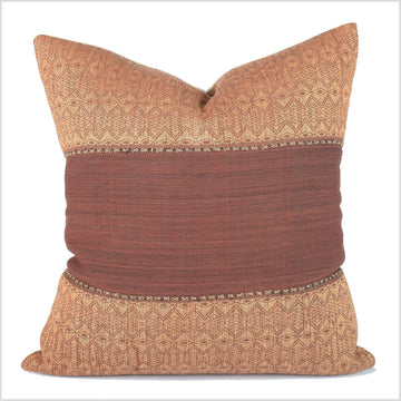 Hmong Chin tribal 19 in. cushion, handwoven hemp cotton, rusty reddish brown and gold, abstract natural organic dye, hand sewing QQ40