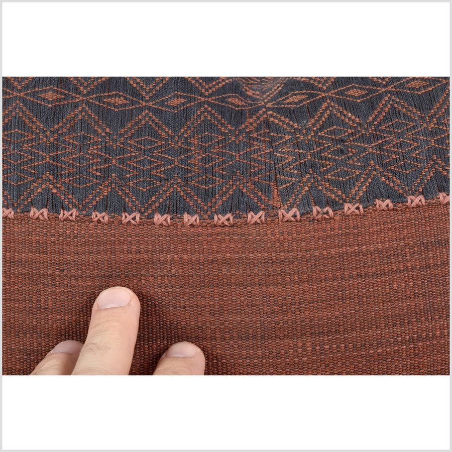 Hmong Chin tribal 19 in. square cushion, handwoven hemp cotton, rusty reddish brown black abstract natural organic dye, hand sewing QQ14