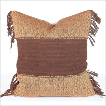 Hmong Chin tribal 20 in. cushion, handwoven hemp cotton, rusty brown and gold, abstract natural organic dye, hand sewing QQ41